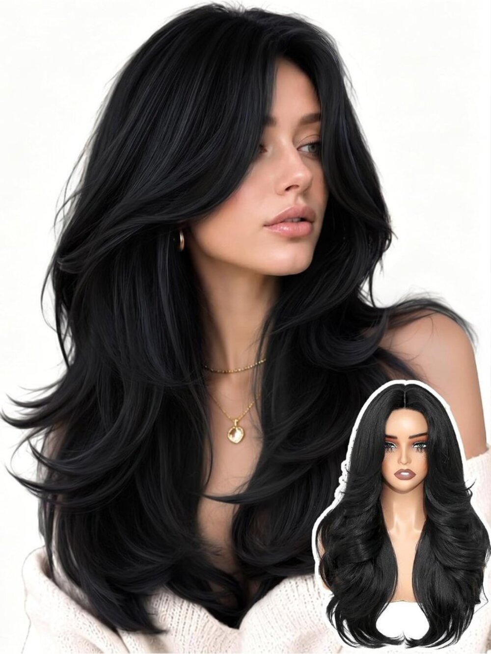 Women's Natural Black Pre Cut Layered Synthetic Wavy Wig with Curtain Bangs